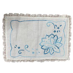 Vintage Handkerchief Blue Floral Cross Stitch Embroidered Lace Hankie Handmade
